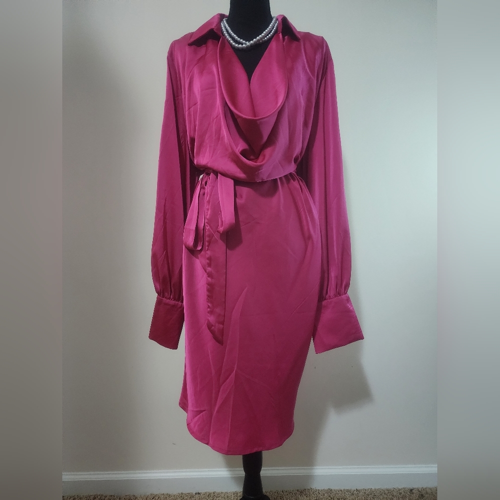 Pink Satin Mini Draped Collar Dress With Belt